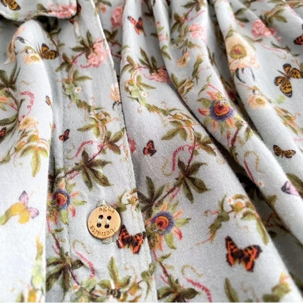 Agua Bendita Karen Midi Long Dress Seagreen Geen Floral Button Front Slit S - Picture 10 of 12